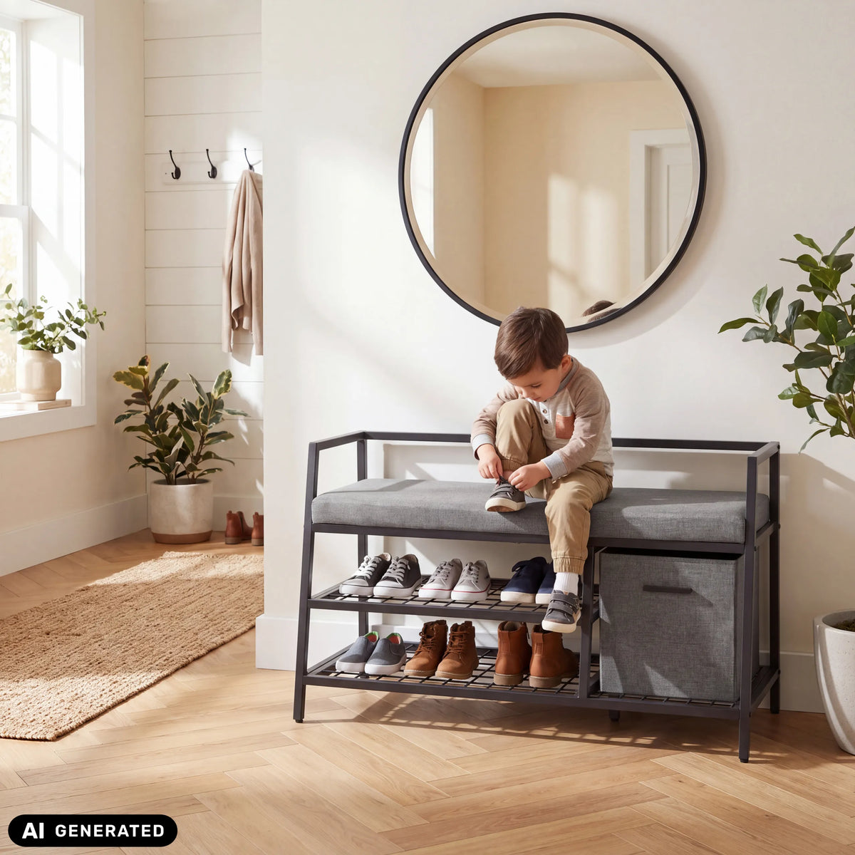 Schoenenkast Estha Loft in zwart en grijs met zitkussen, twee legplanken en een stoffen mand van hjh LIVING