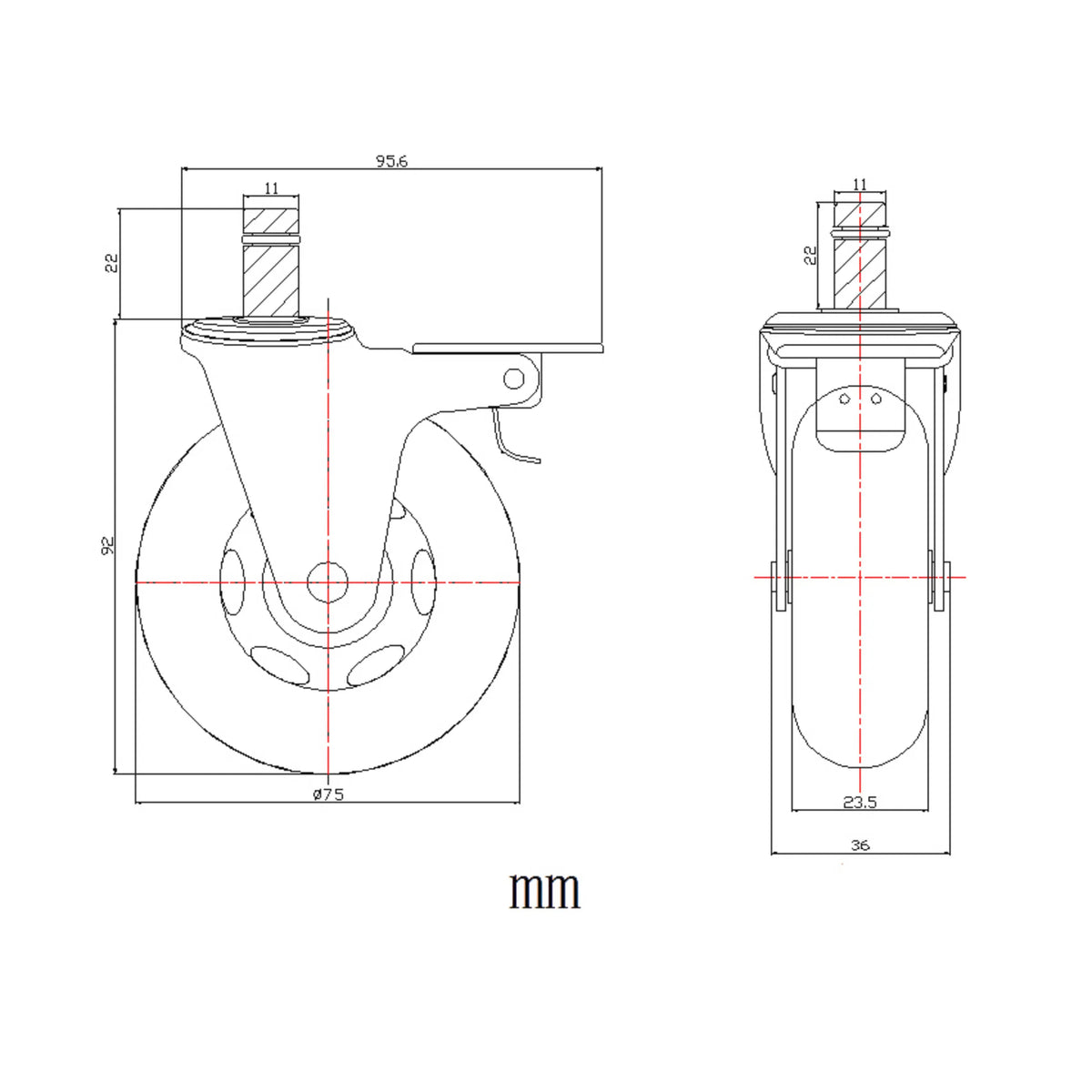 Technische tekening van een bureaustoelwiel 5x ROLO SKATE CT 11mm/75mm met een diameter van 75 mm van hjh OFFICE