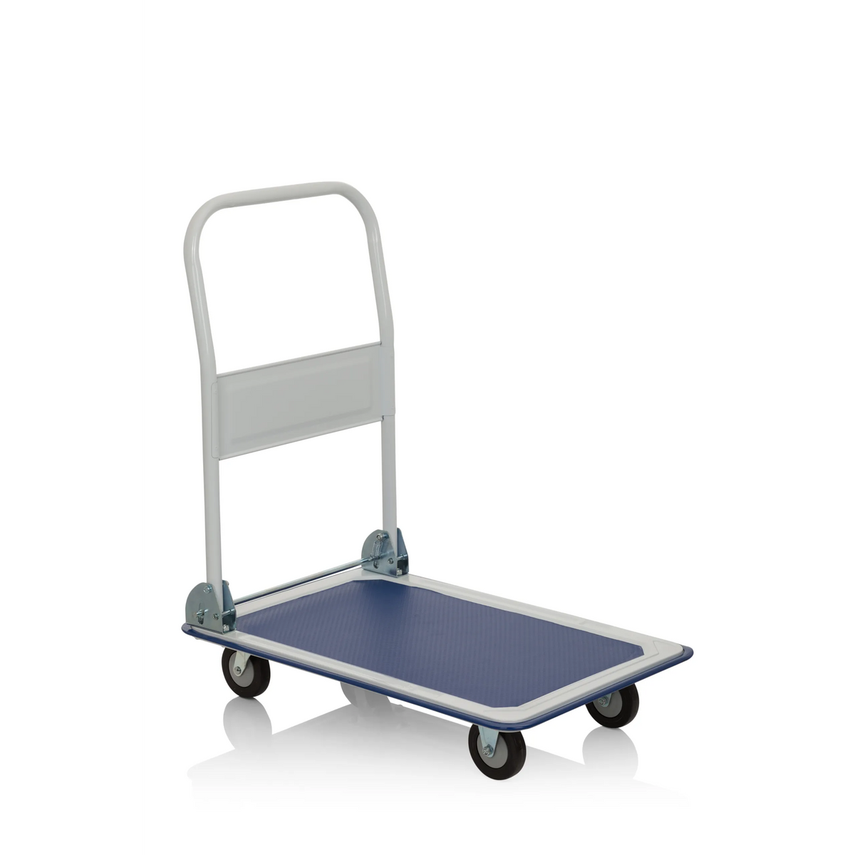 Blauw-witte Platformwagen CARRY met inklapbare handgreep en vier zwenkwielen van hjh OFFICE – 360-gradenweergave (vooraanzicht 20°)