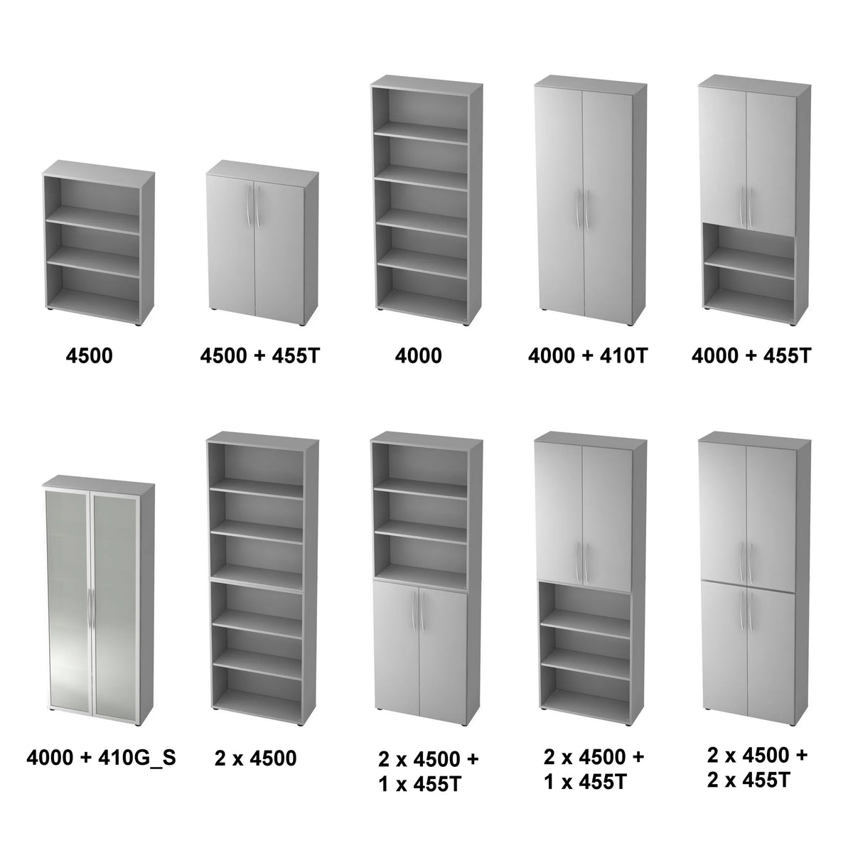 Verschillende configuraties van de BETA 4500 stellingenserie in grijs met open vakken en deuren van hjh OFFICE PRO