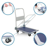 Blauwwitte platformwagen CARRY met detailopnamen van handgreep, wielen en laadvlak van hjh OFFICE