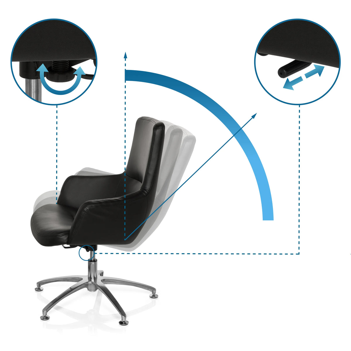 Hoogteverstelling, draaifunctie en kantelmechanisme van de SHAKE 300 Lounge stoel in zwart van hjh OFFICE