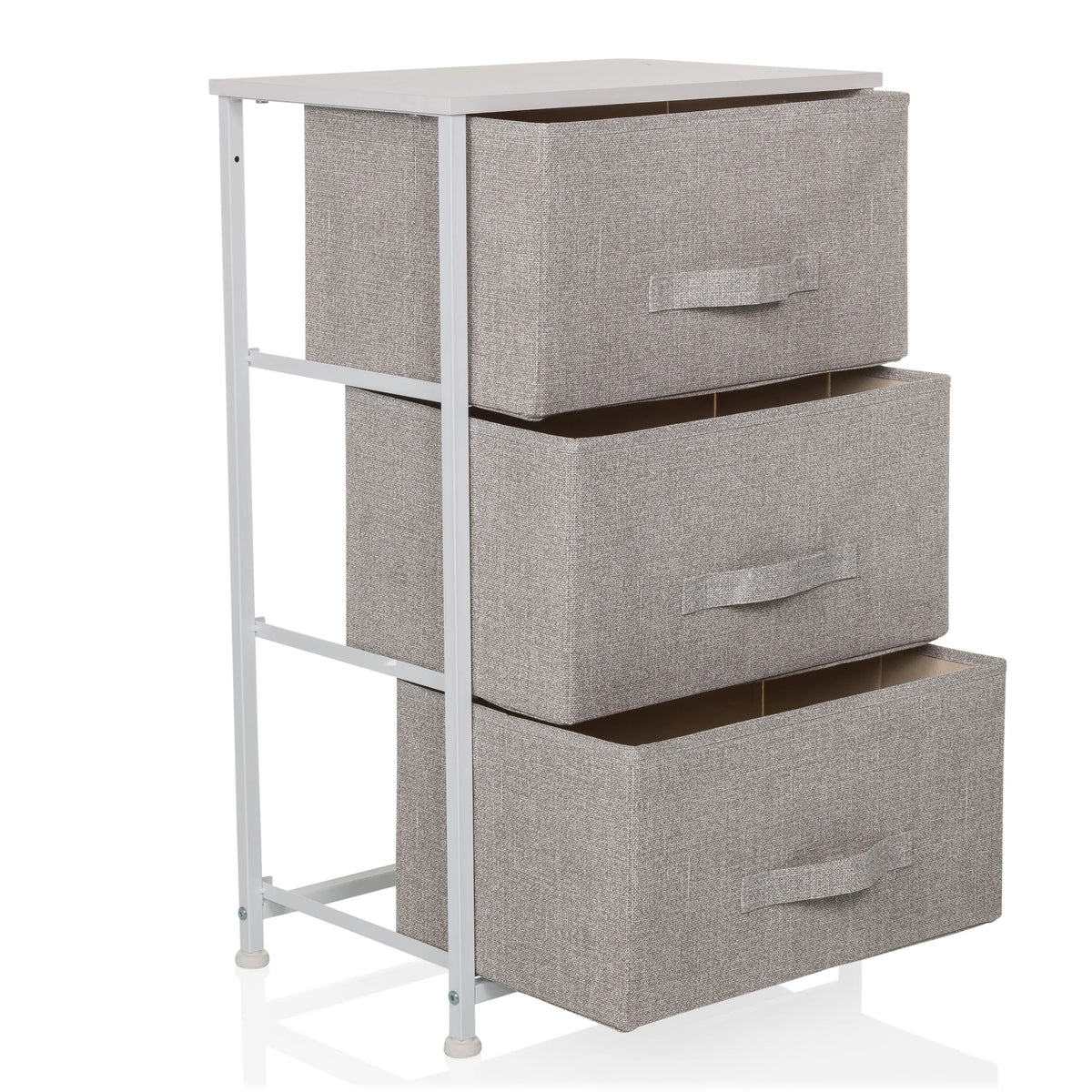 Grijze commode FOLDRESS M met drie stoffen lades en wit metalen frame van hjh LIVING