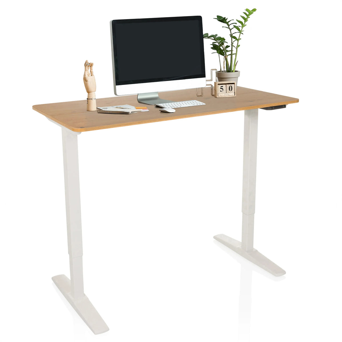 Elektrisch in hoogte verstelbaar bureau STAND BASIC in wit en eiken met accessoires van hjh OFFICE