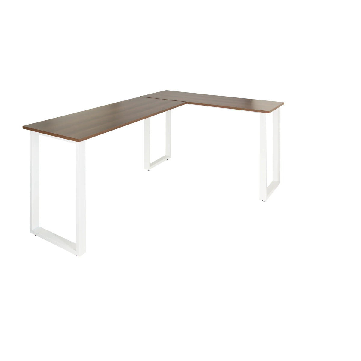 Hoekbureau WORKSPACE BASIC I in walnootlook met witte U-poten van hjh OFFICE – 360-gradenweergave (vooraanzicht 20°)