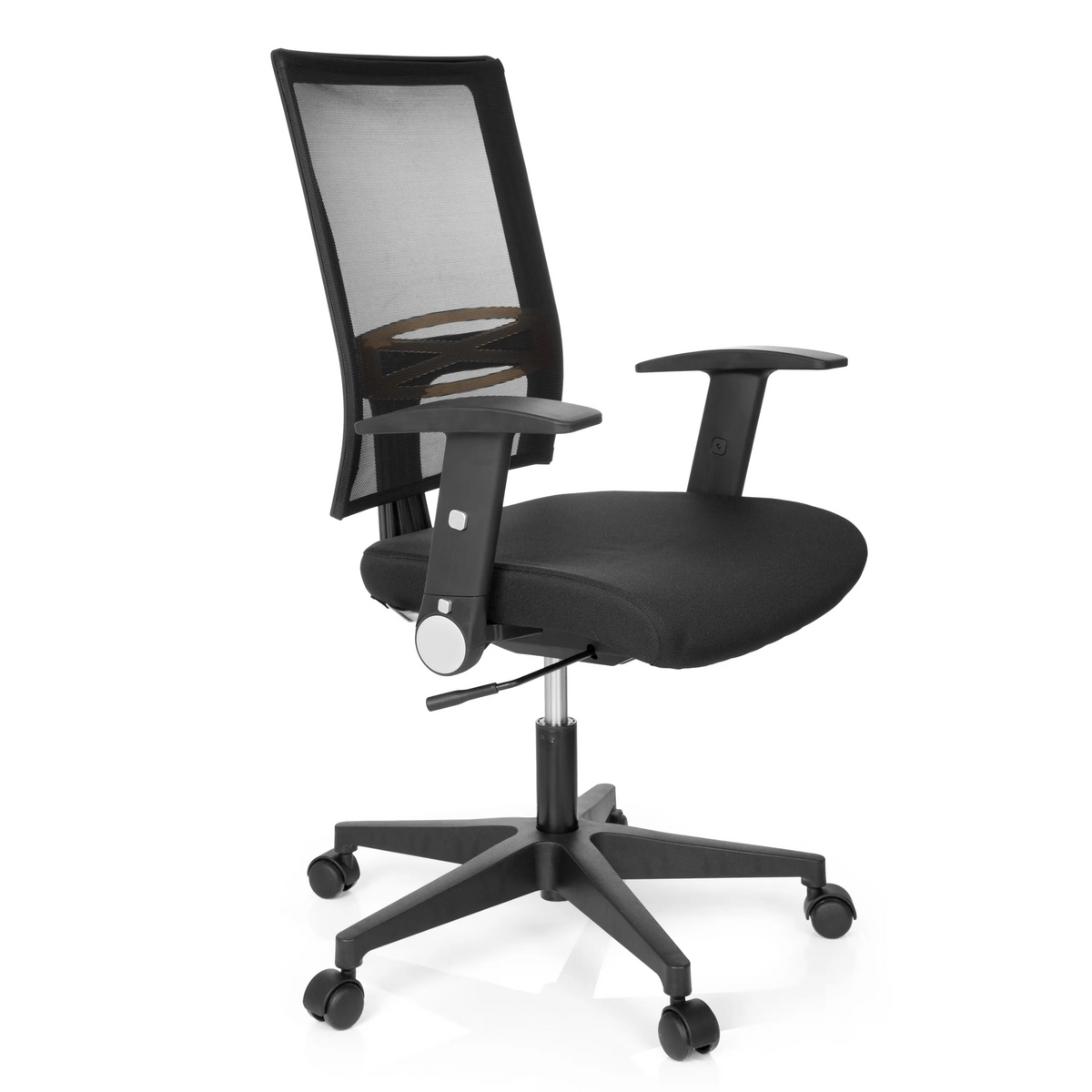 Zwarte Thuisgebruik bureaustoel OFFICE R8 met netrugleuning en onderstel met vijf wielen van hjh OFFICE – 360-gradenweergave (schuin vooraanzicht 60°)