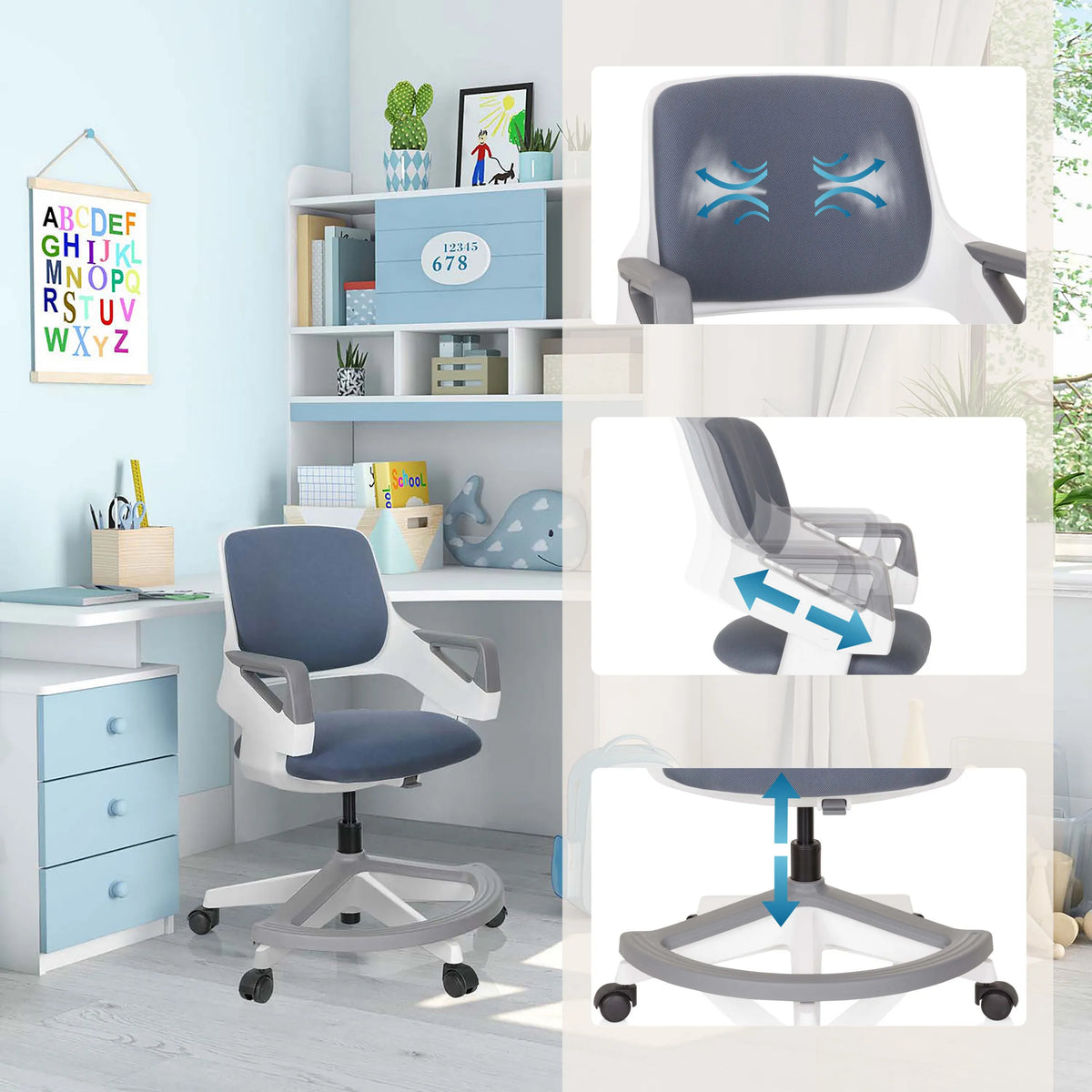 Kinder bureaustoel KID FLEX in blaugrijs met ademende rugleuning en hoogteverstelling van hjh OFFICE