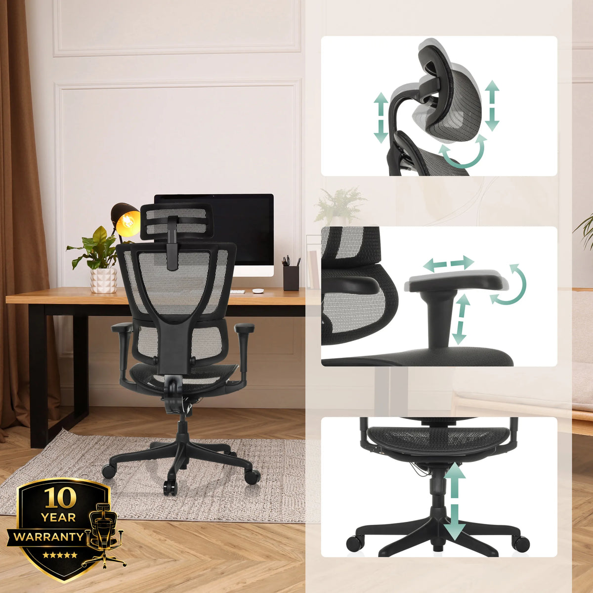 Verstellbare Kopfstütze, Armlehnen und Sitzhöhe des Luxus-Chefsessels ERGOHUMAN SLIM ECO M GEN2 von hjh OFFICE