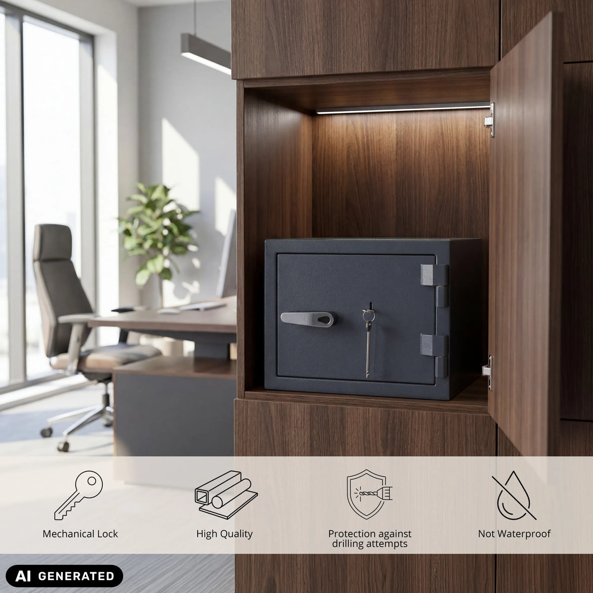 Antracietkleurige kluis Safe Compact Pro met mechanisch slot in een kast van hjh OFFICE (AI-gegenereerde afbeelding)
