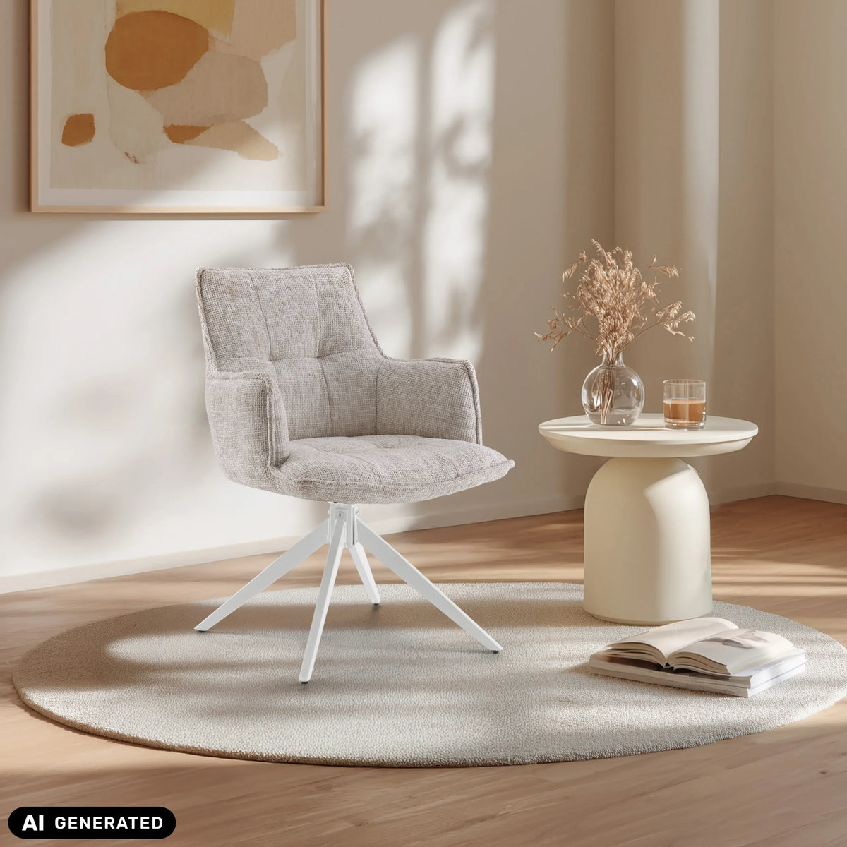 Beige Tavaro eetkamerstoel met witte stervormige voet op een rond vloerkleed van hjh LIVING (AI-gegenereerde afbeelding)