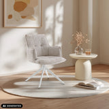 Beige Tavaro eetkamerstoel met witte stervormige voet op een rond vloerkleed van hjh LIVING (AI-gegenereerde afbeelding)