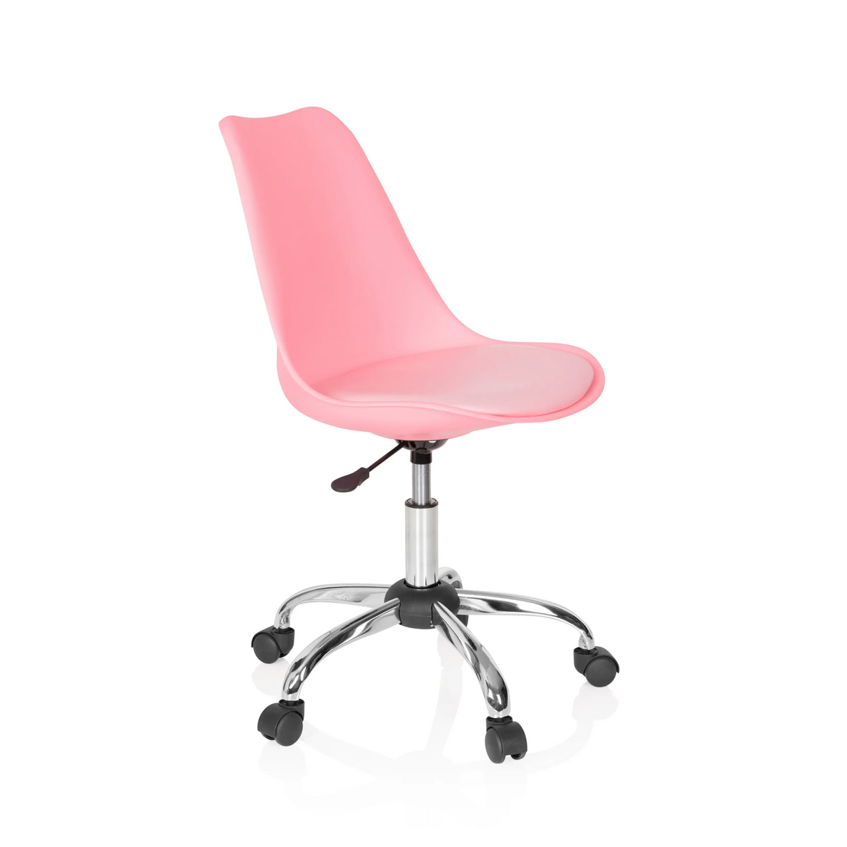 Pinker Homeoffice-Bürostuhl FANCY PRO mit Fußkreuz und fünf Rollen von hjh OFFICE – 360-Grad-Ansicht (schräge Frontansicht 60°)