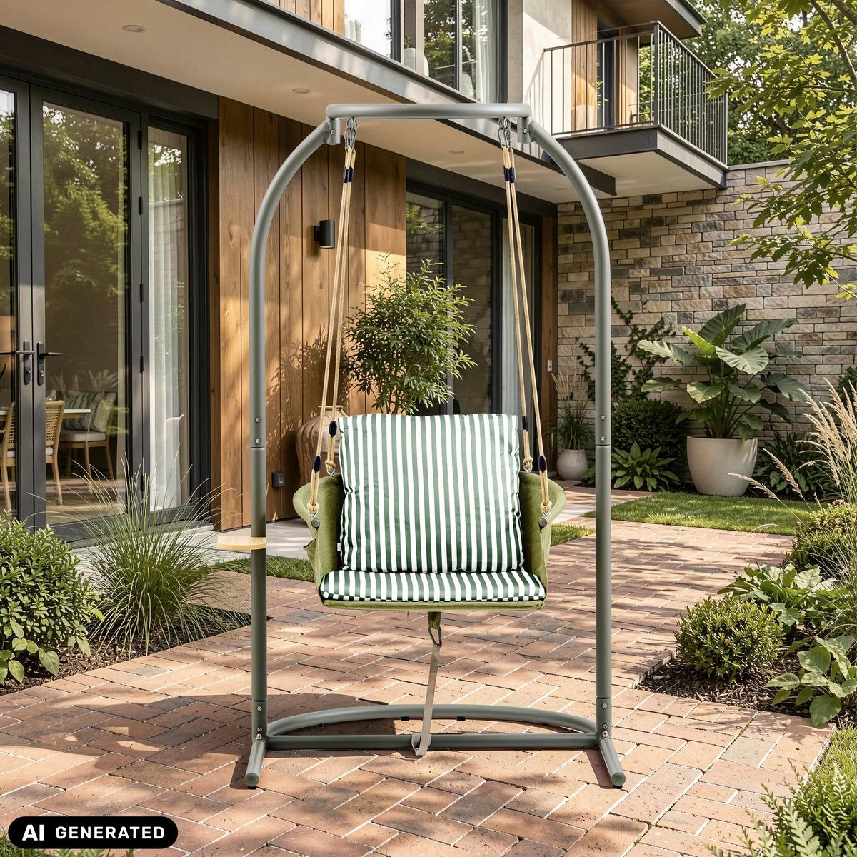 Skylo hangstoel met groen-wit gestreept kussen en grijs metalen frame van hjh LIVING (AI-gegenereerde afbeelding)