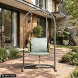 Skylo hangstoel met groen-wit gestreept kussen en grijs metalen frame van hjh LIVING (AI-gegenereerde afbeelding)