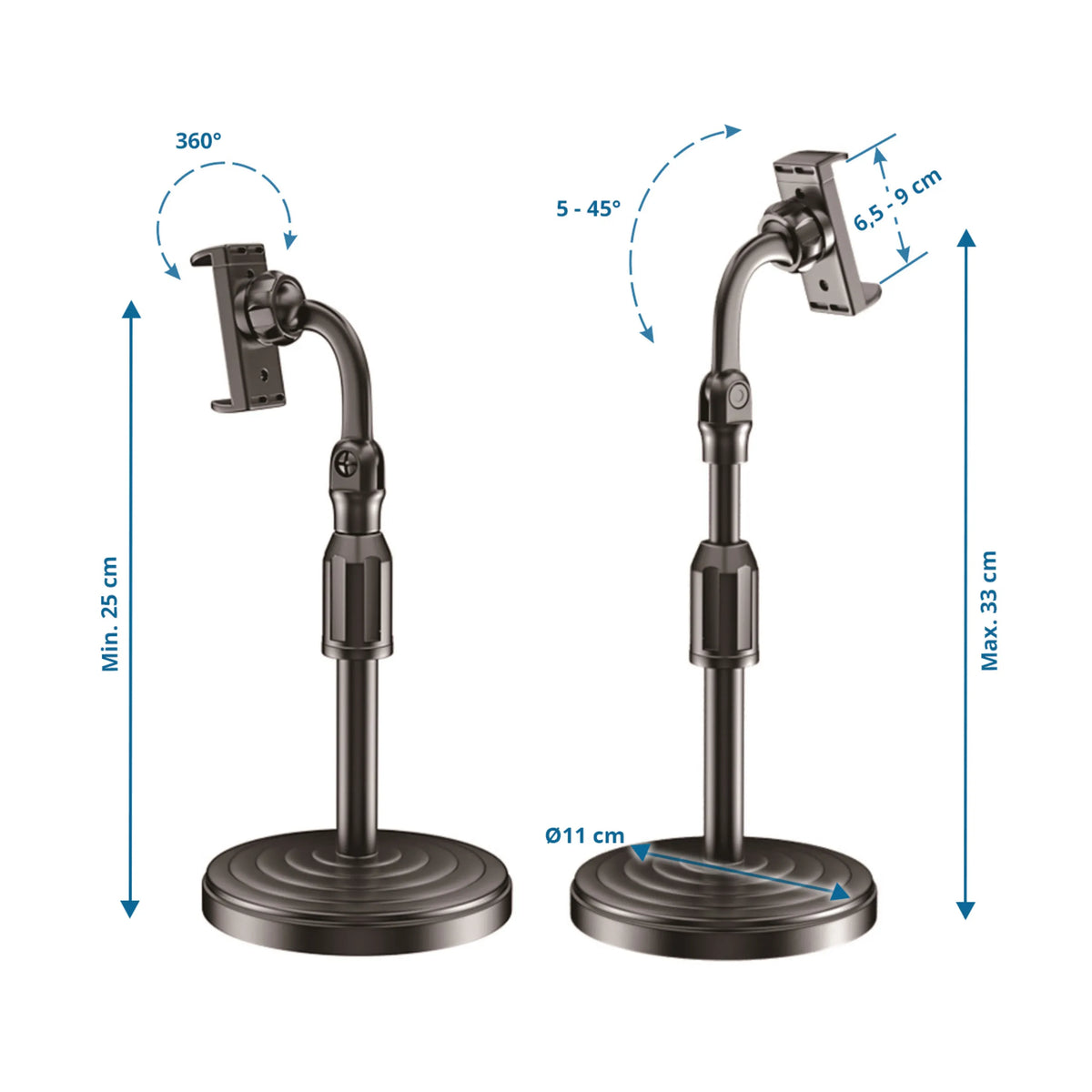 Technische tekening van de Houder voor mobiele telefoon & tablet FLEXMOBI II met een maximale hoogte van 33 cm van hjh OFFICE