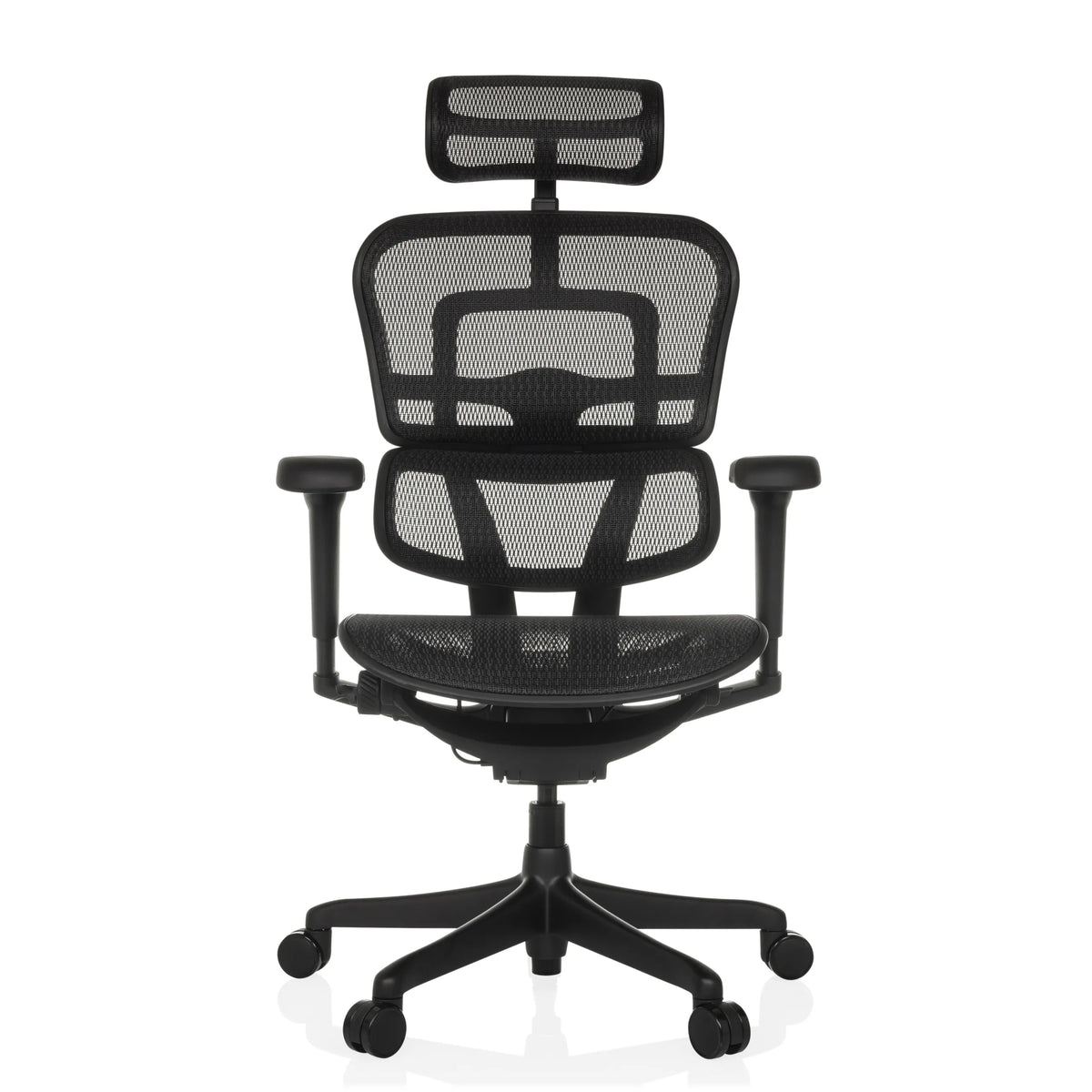 Zwarte Luxe directiestoel ERGOHUMAN SIGNATURE GEN2 met netrug, hoofdsteun en vijfpoot met wieltjes van hjh OFFICE – 360-gradenweergave (vooraanzicht 0°)