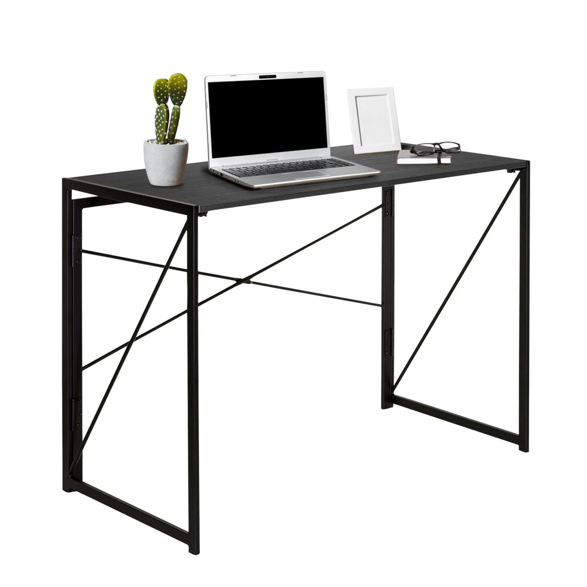 Inklapbaar bureau EASY UP MULTI in zwart met afmetingen 100 × 50 cm en een metalen frame met kruisstreben van hjh OFFICE