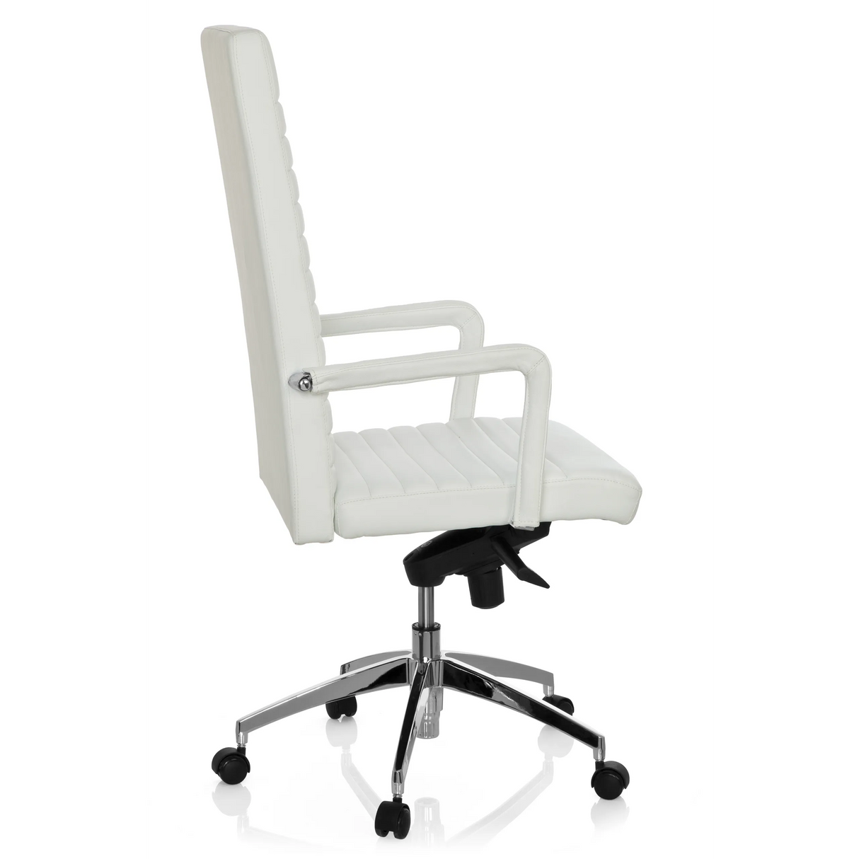 Witte Professionele directiestoel LENGA met horizontale stiknaden en vijfsterrenvoet met rolletjes van hjh OFFICE – 360-gradenweergave (zijaanzicht 100°)