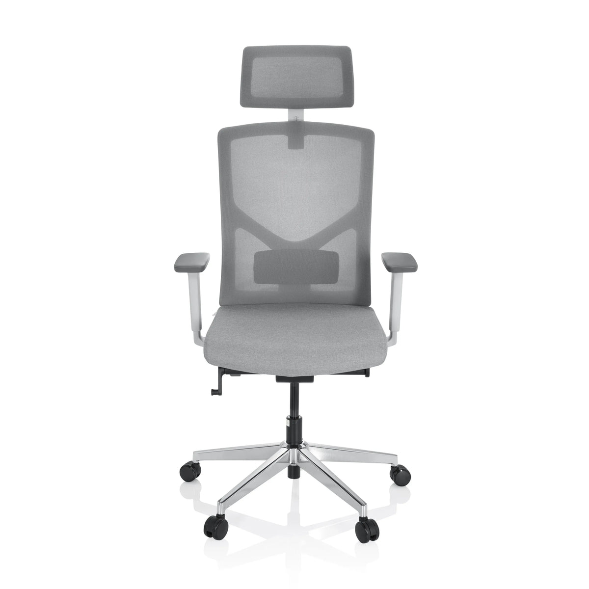 Grijze professionele bureaustoel BRETON PRO W met netrugleuning, hoofdsteun en vijfpoot met wieltjes van hjh OFFICE – 360-gradenweergave (vooraanzicht 0°)