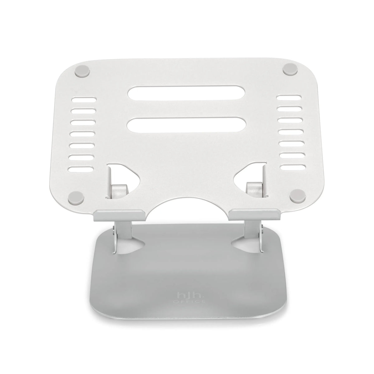 Zilveren onderzetter LAPTOP STAND met geperforeerd oppervlak en standaard van hjh OFFICE – 360-gradenweergave (vooraanzicht 0°)