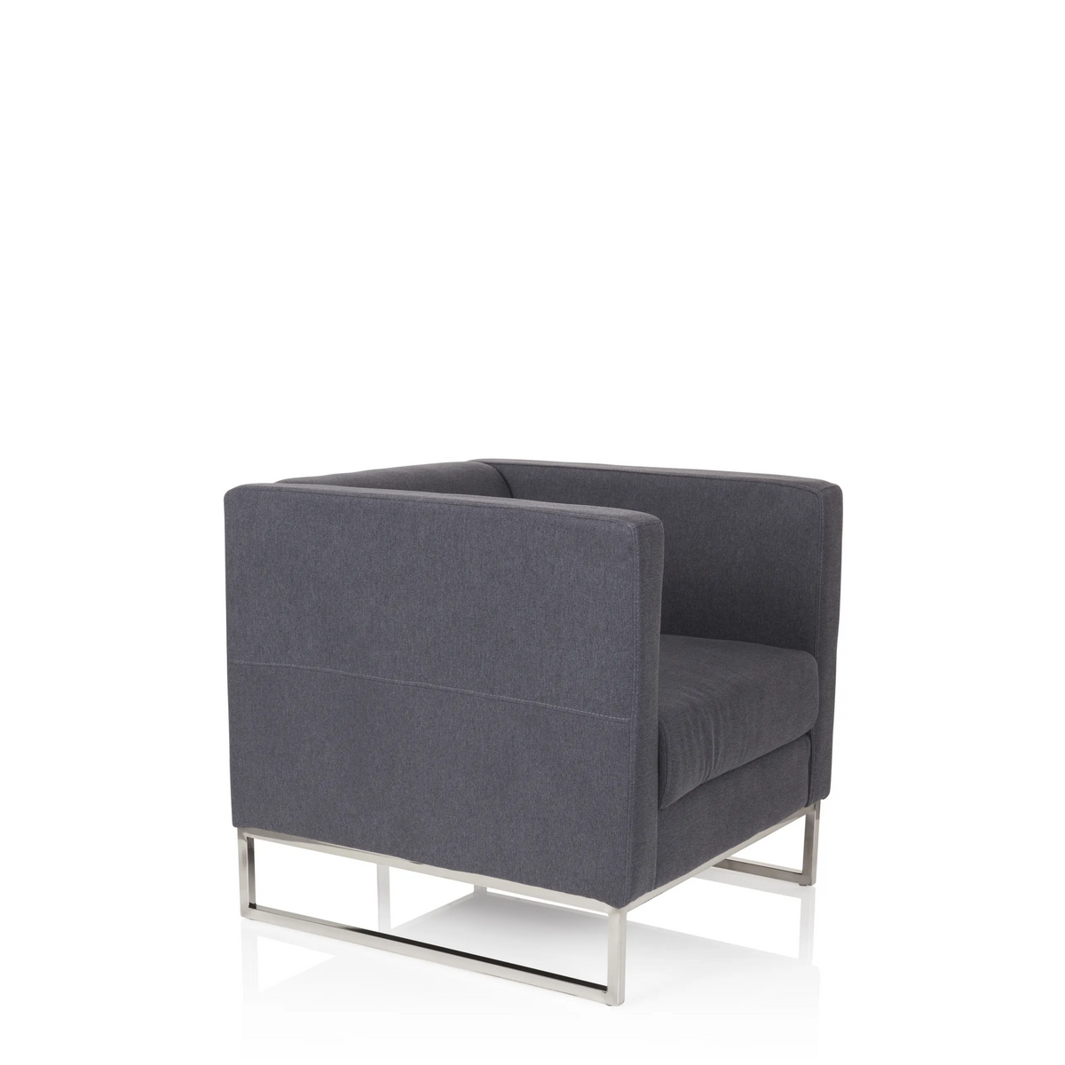 Donkergrijze Gestoffeerde fauteuil BARBADOS met vierkant design en metalen frame van hjh OFFICE – 360-gradenweergave (schuin vooraanzicht 60°)