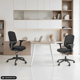Twee zwarte professionele bureaustoelen Delvia aan een bureau voor een stellingkast van hjh OFFICE (AI-gegenereerde afbeelding)