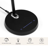Voet van de Lumanova D2 bureaulamp in zwart met touchsensor en blauwe functiesymbolen van hjh OFFICE