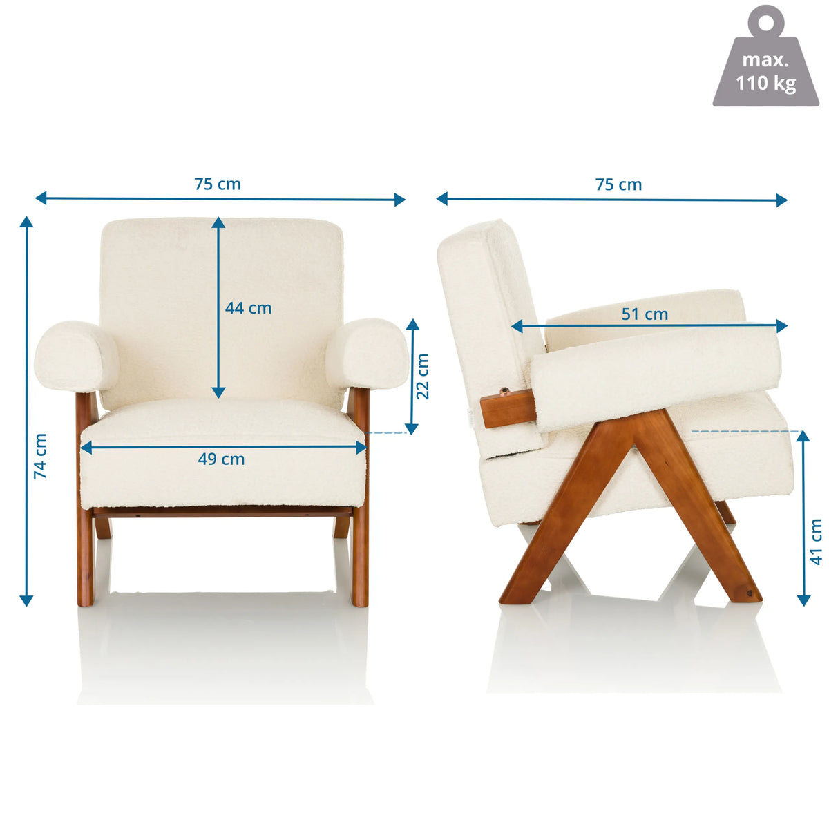 Maattekening van de Lounge stoel POOLY met een breedte van 75 cm en een hoogte van 74 cm van hjh LIVING
