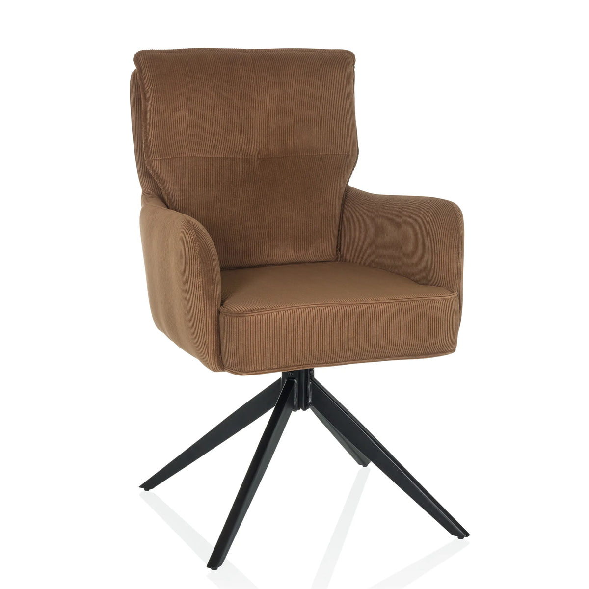 Bruine gestoffeerde stoel TARUGO met corduroy bekleding en zwart vierstervormig onderstel van hjh LIVING – 360-gradenweergave (vooraanzicht 15°)