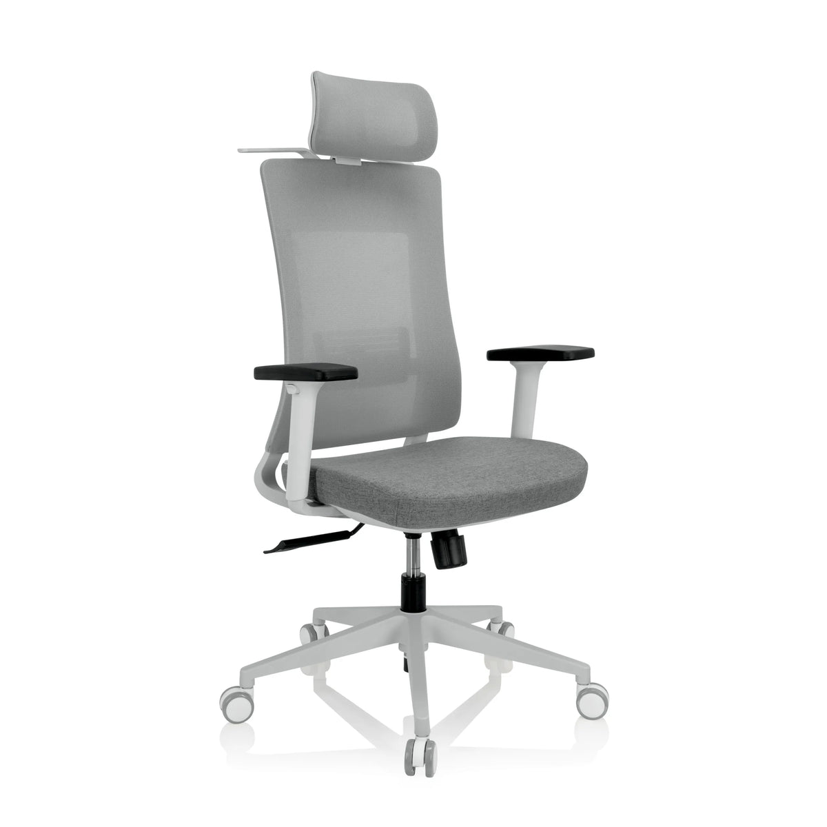 Grijze Professionele bureaustoel COMFIO WMH met netrug, hoofdsteun en vijfpoot met wieltjes van hjh OFFICE – 360-gradenweergave (schuin vooraanzicht 40°)