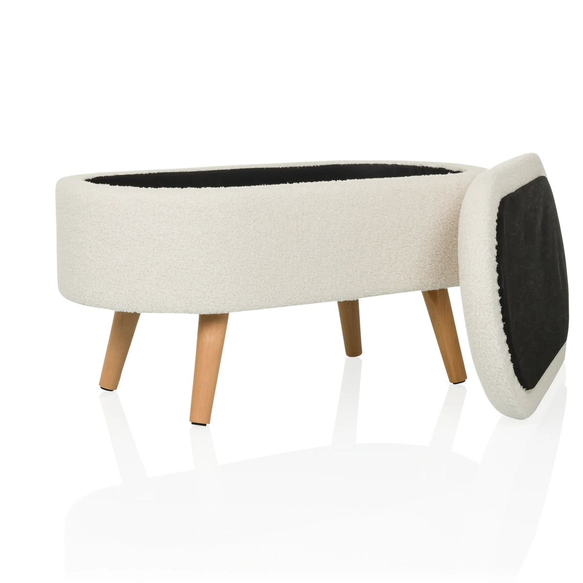 Witte zitbank STORIANO met lichte houten poten en een zwart zittingvlak van hjh LIVING