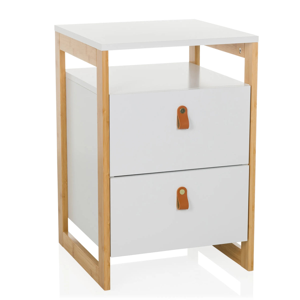 Witte bijzettafel TAROLO III met twee laden en bruine lederen grepen van hjh LIVING – 360-gradenweergave (vooraanzicht 15°)
