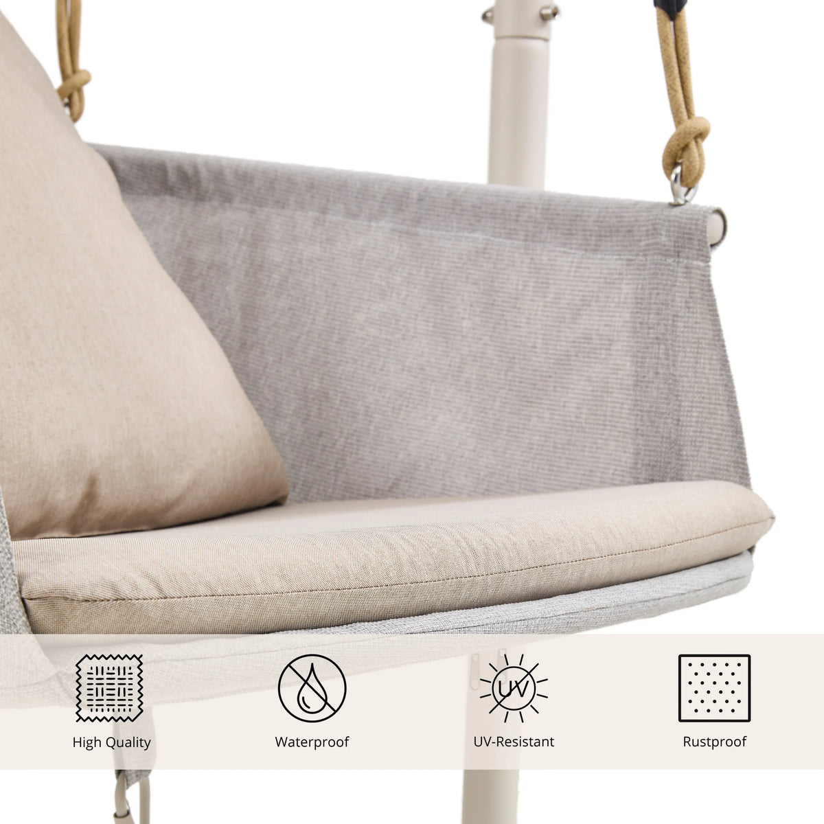 Beige kussens en stoffen bekleding van de Hangstoel Skylo van hjh LIVING