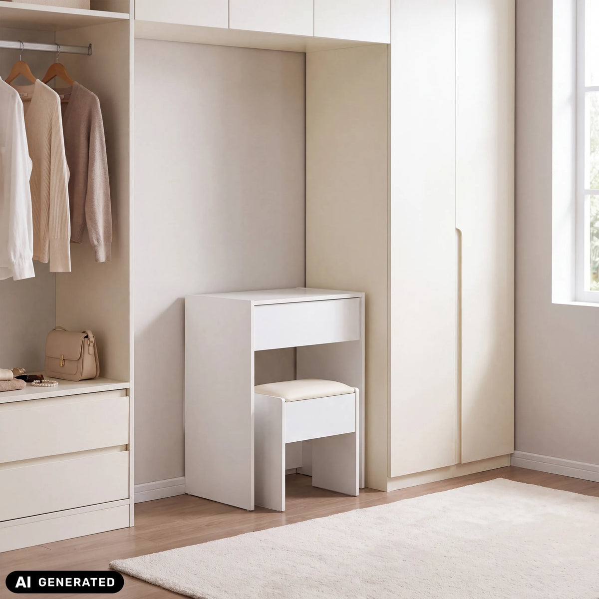Witte Glamdesk kaptafel met kruk in een kastnis van hjh LIVING (AI-gegenereerde afbeelding)
