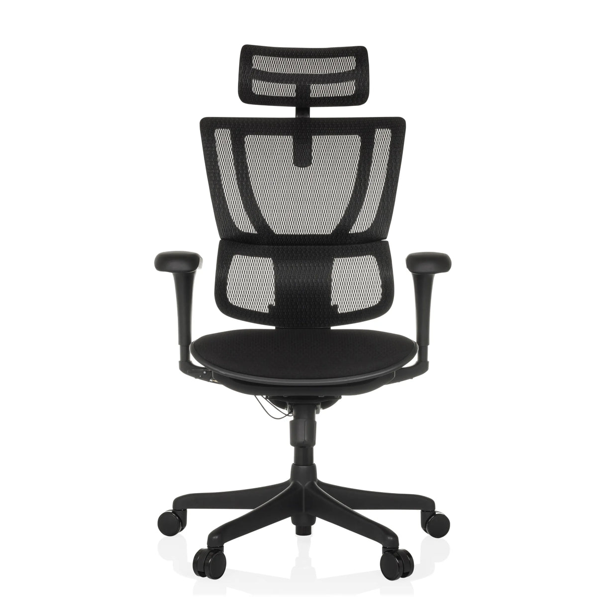 Zwarte luxe directiestoel ERGOHUMAN SLIM ECO F GEN2 met netrugleuning en vijfster-onderstel met wieltjes van hjh OFFICE – 360-gradenweergave (vooraanzicht 0°)
