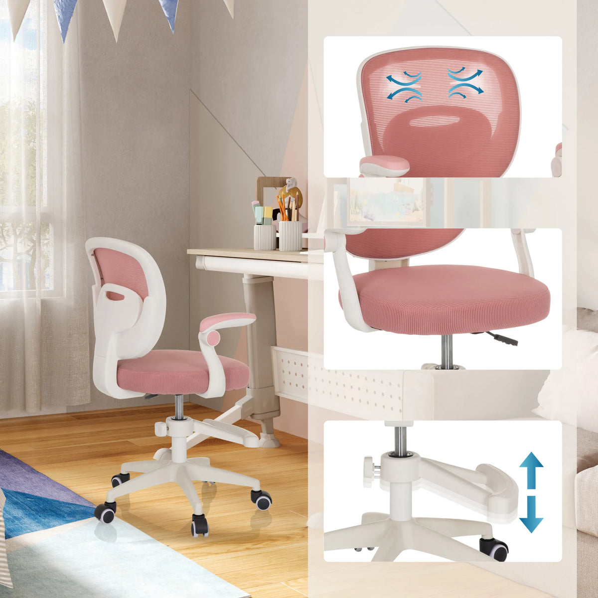 Roze kinder bureaustoel KIDDY SMART met ademende rugleuning en in hoogte verstelbaar zitvlak van hjh OFFICE