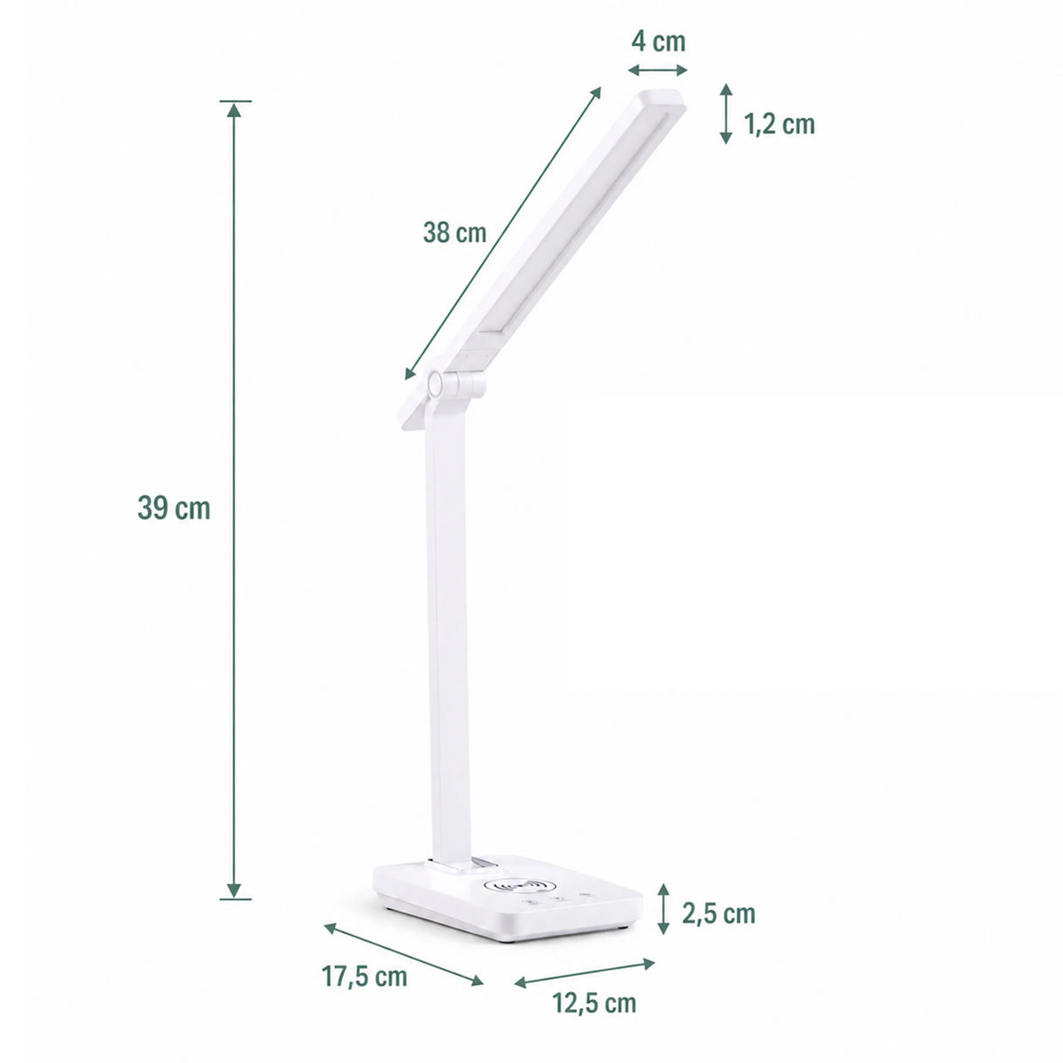 Technische tekening van de Lumanova D1 bureaulamp met een hoogte van 39 cm en lengte van 38 cm van hjh OFFICE