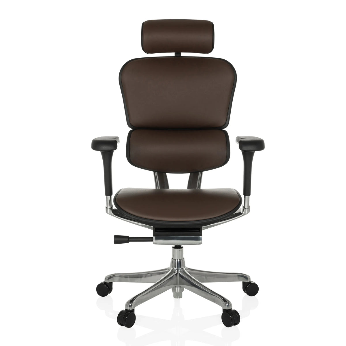 Donkerbruine Luxe directiestoel ERGOHUMAN GEN2 van leer met voetkruis en vijf zwenkwielen van hjh OFFICE – 360-gradenweergave (vooraanzicht 0°)