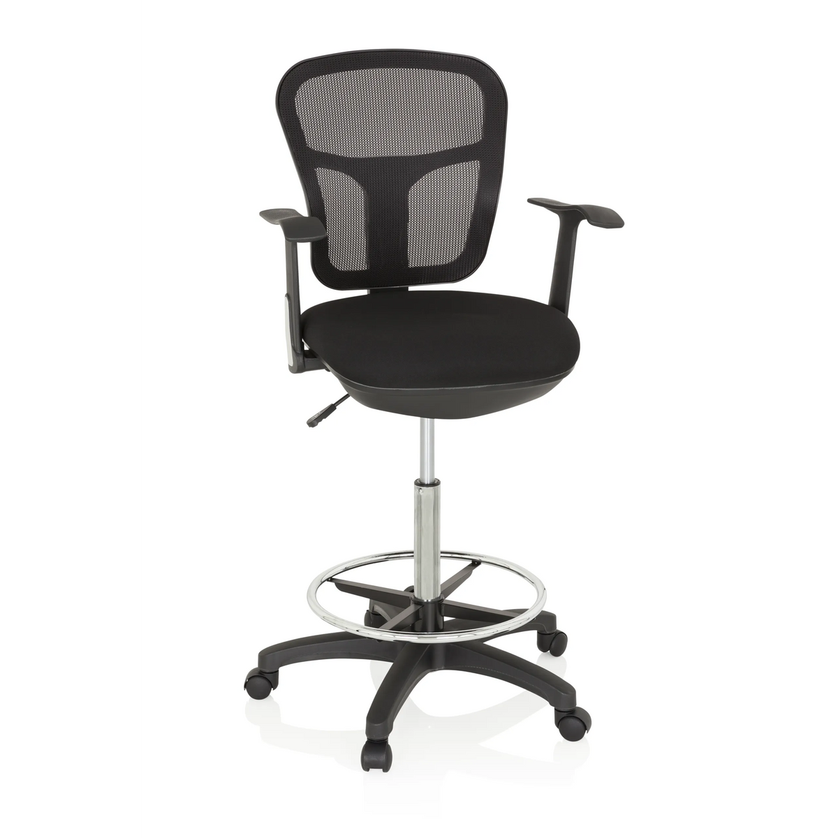 Zwarte Baliestoel TOP WORK 108 met netrug, voetring en vijfpoot met zwenkwielen van hjh OFFICE – 360-gradenweergave (vooraanzicht 20°)