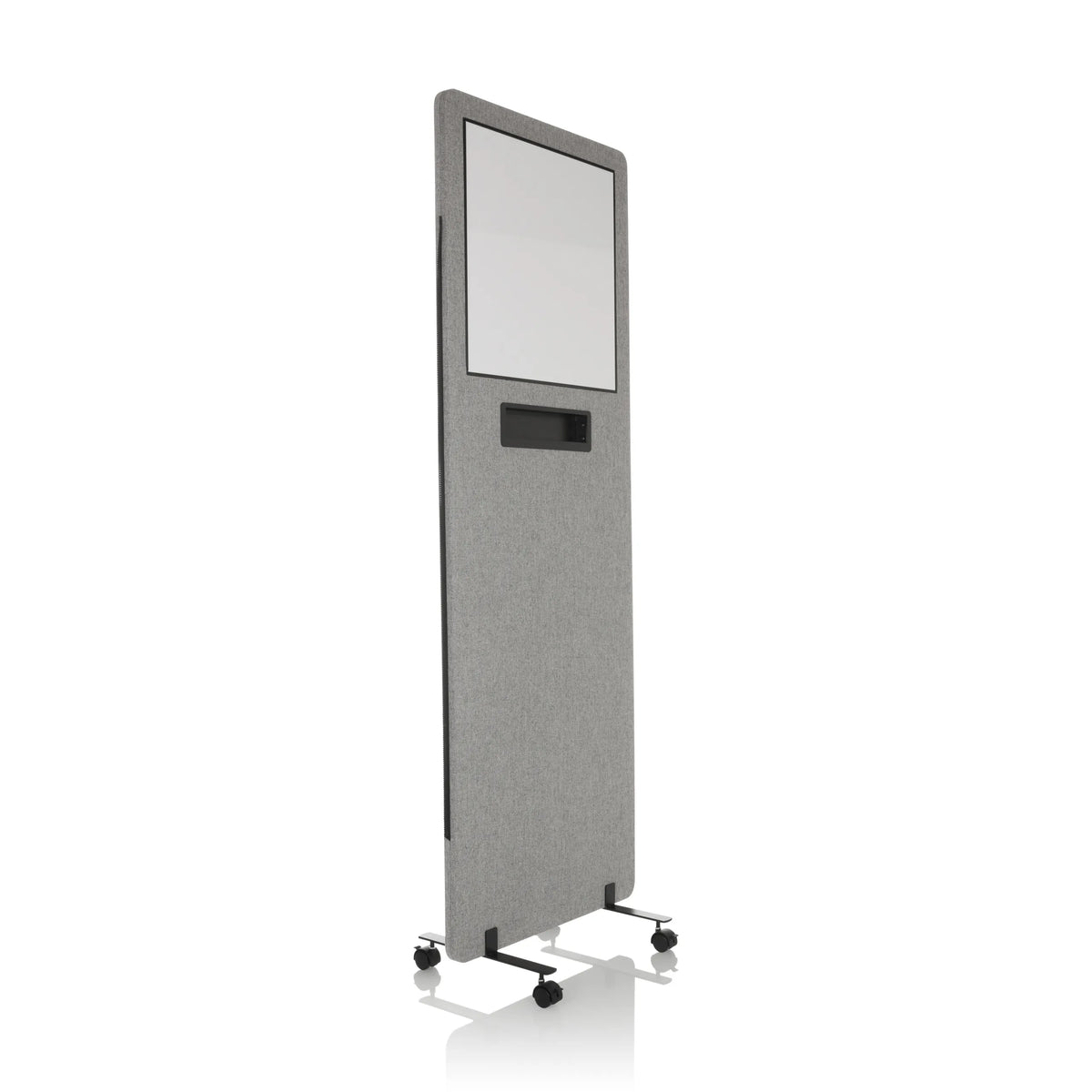 Lichtgrijze Scheidingswand FLEXMIUT WB met geïntegreerd whiteboard en zwenkwielen van hjh OFFICE – 360-gradenweergave (schuin vooraanzicht 45°)