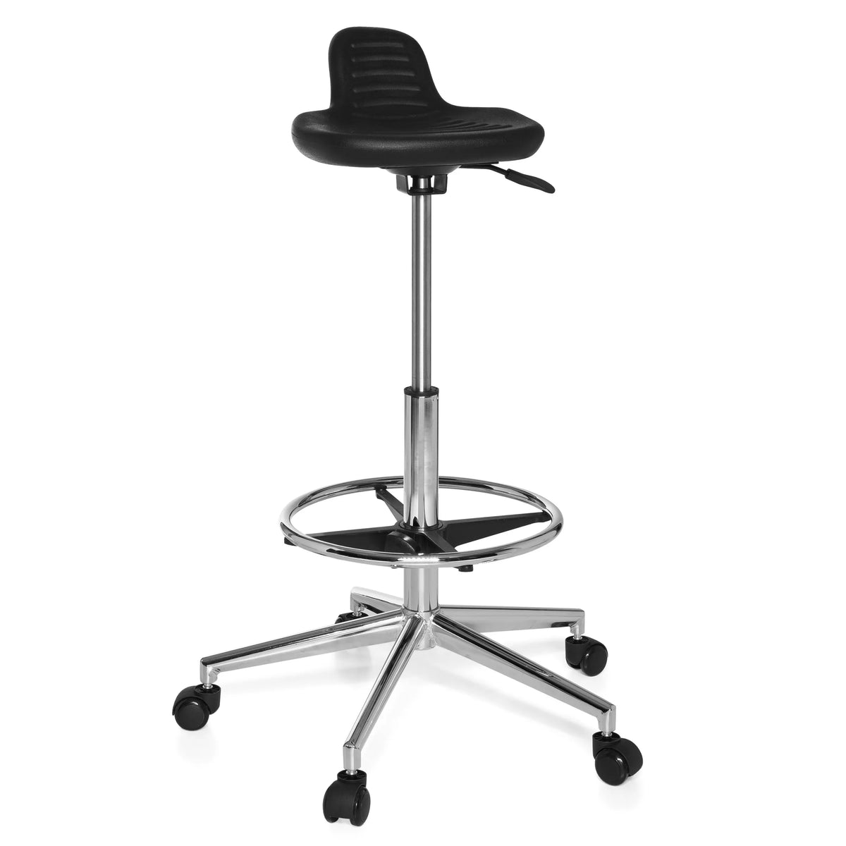 Zwarte Draaikruk TOP WORK 03 met voetring en vijfpoot met zwenkwielen van hjh OFFICE – 360-gradenweergave (vooraanzicht 20°)