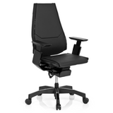 Zwarte High end bureaustoel GENIDIA BLACK van leder met armleuningen en vijfstervoet met wielen van hjh OFFICE – 360-gradenweergave (schuin vooraanzicht 40°)