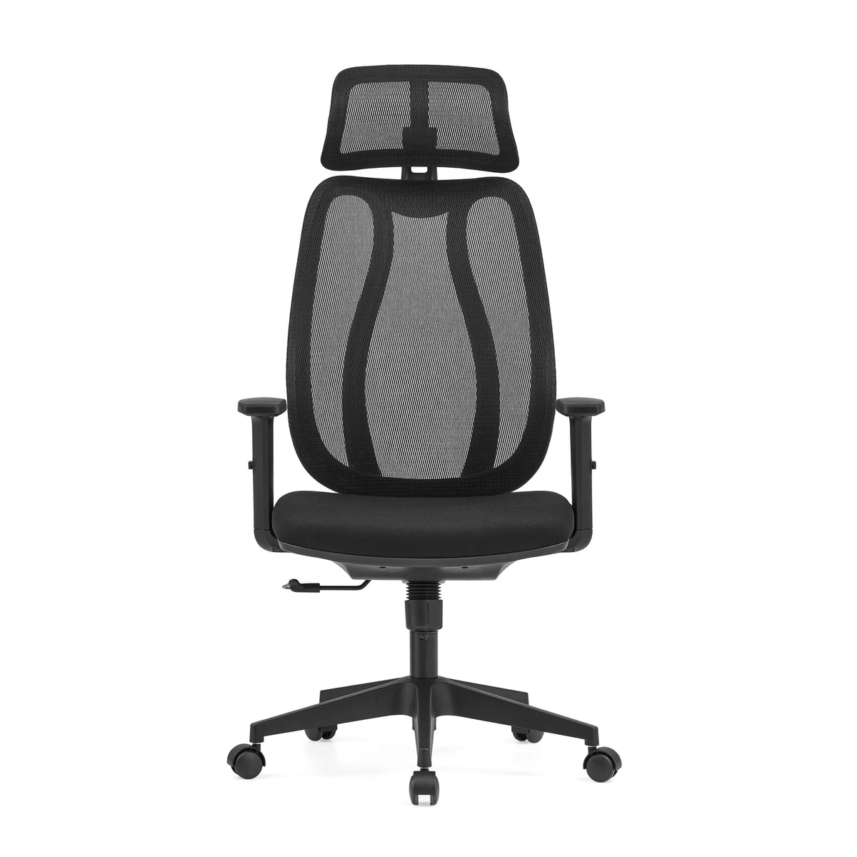 Zwarte professionele bureaustoel Filaro met netrugleuning, hoofdsteun en een vijfstervoet met wieltjes van hjh OFFICE – 360-gradenweergave (vooraanzicht 0°)