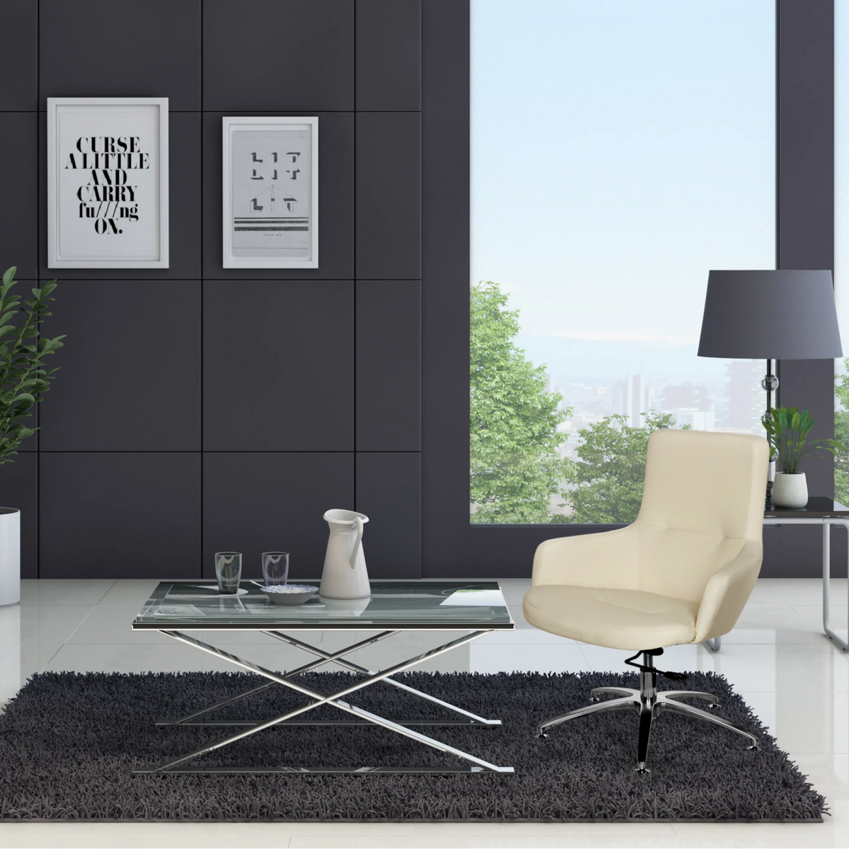 crèmewitte SHAKE 300 lounge stoel met stervormige voet op een donker tapijt naast een glazen tafel van hjh OFFICE