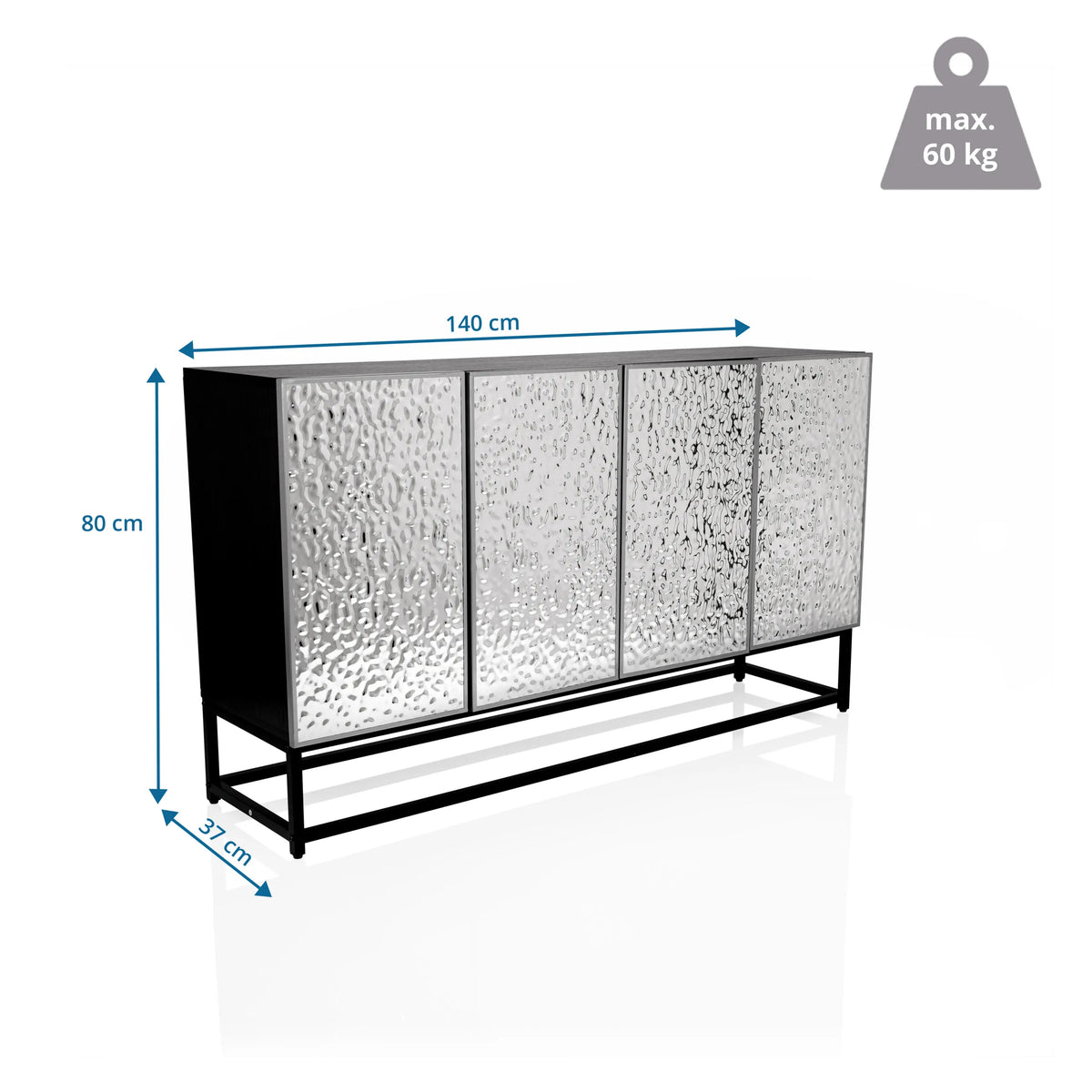 Maattekening van de Commode METALLIO met 140 × 80 cm en een draagvermogen van 60 kg van hjh LIVING