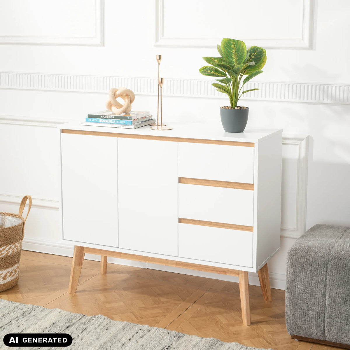 Wit TAROLO I dressoir met drie lades en twee deuren op houten poten van hjh LIVING (AI-gegenereerde afbeelding)