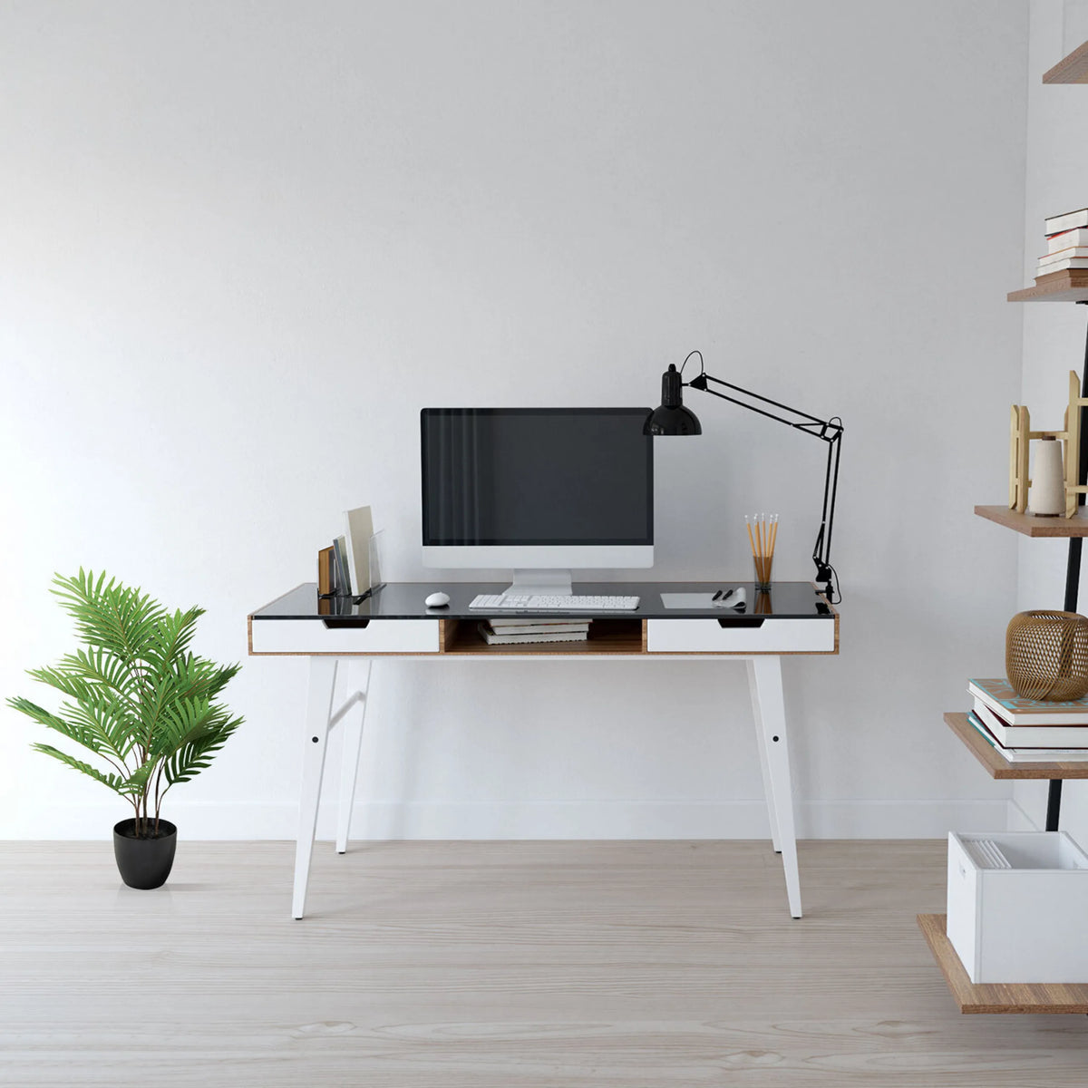 Kunstplant ARECA in groene kleur met zwarte pot van hjh OFFICE