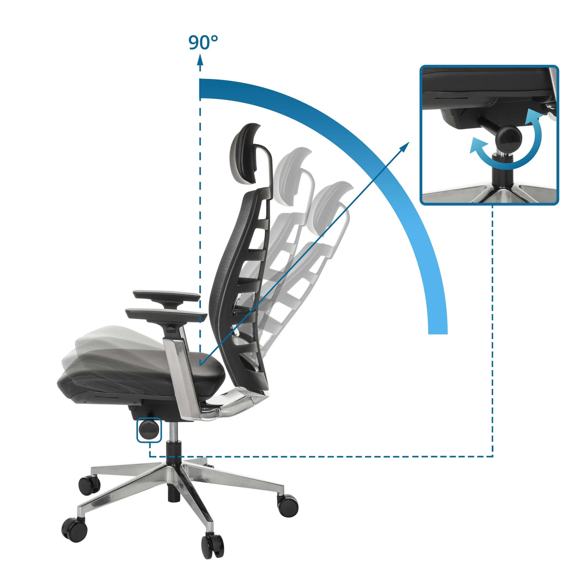 Kantelmechanisme met verstelhoek van 90 graden van de High end bureaustoel SPINIO ELITE L van hjh OFFICE
