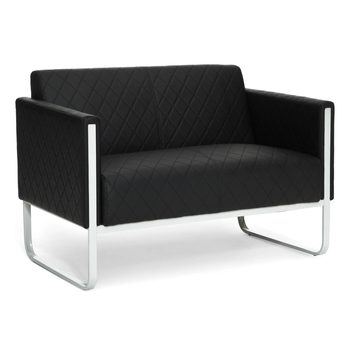 Zwarte ARUBA STEP lounge bank als tweezitter met ruitstiksel en metalen onderstel van hjh OFFICE – 360-gradenweergave (achteraanzicht 180°)