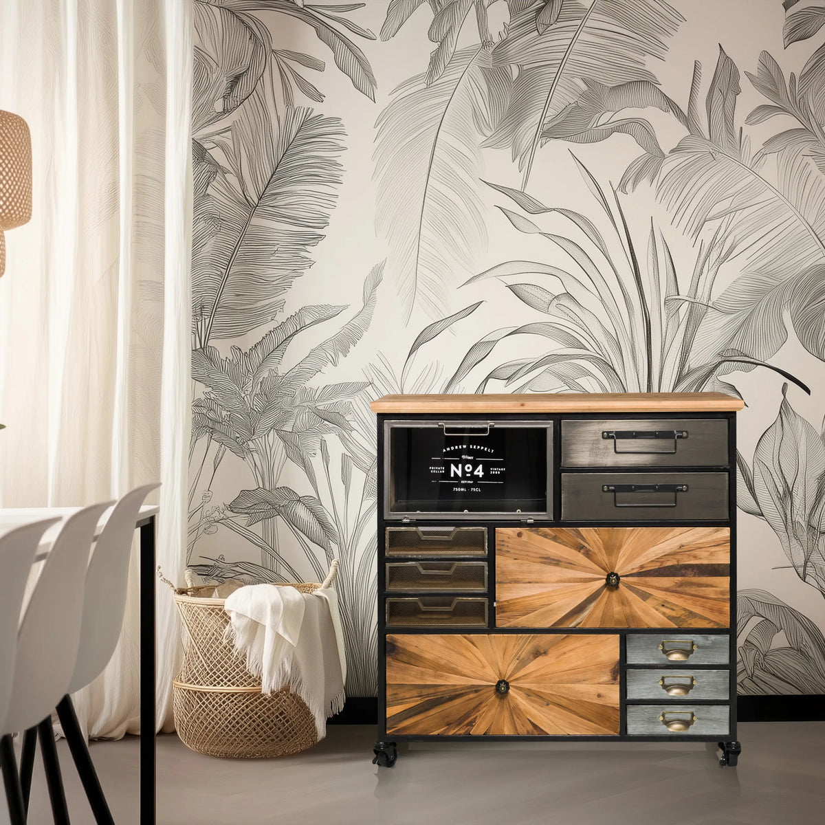 Dressoir CONTINENTO XL in donkere houtkleuren met zwart metalen frame en zwenkwielen van hjh LIVING